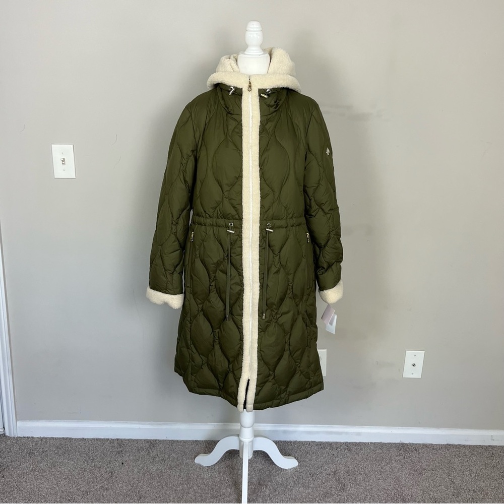 NWT KATE SPADE FAUX SHEARLING TRIM DOWN AND FEATHER FILL LONG COAT OLIVE SIZE XL - Picture 6 of 16